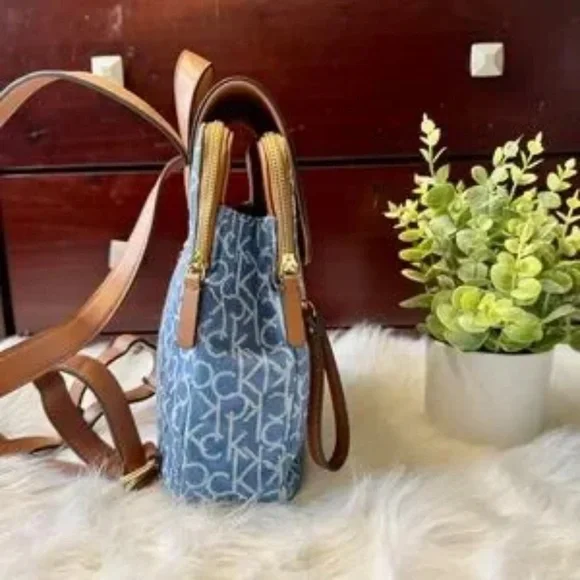 Calvin Klein Elaine Monogram Logo Denim & Brown Faux Leather Mini Backpack - Picture 3 of 14